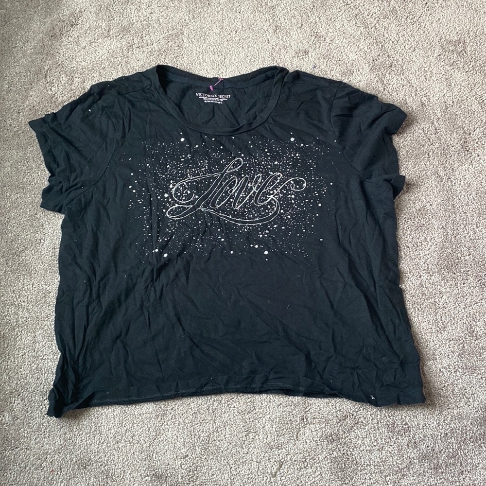 Victoria’s Secret Love Graphic Tee SIZE XL Black Silver Short Sleeve Top